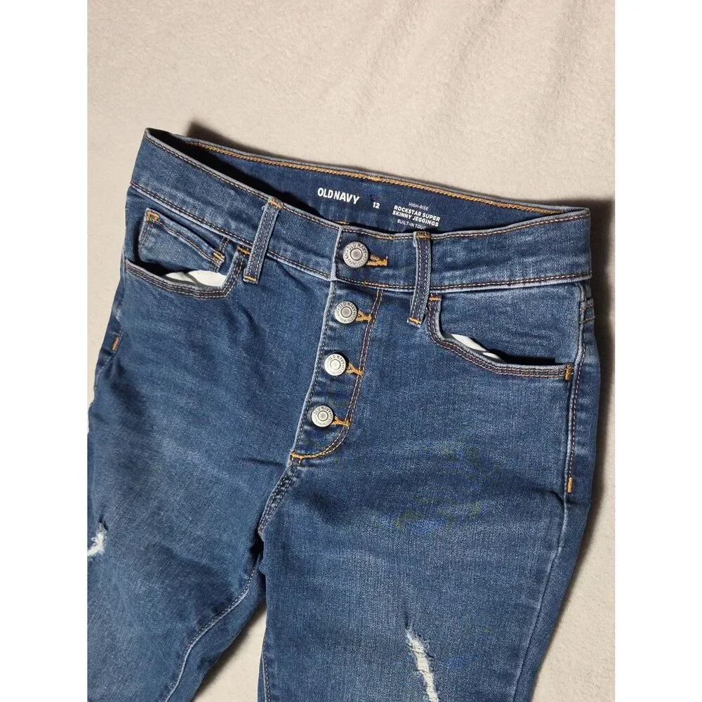Old Navy High Rise Rockstar Super Skinny Jeggings 12 Button Fly Distressed Split